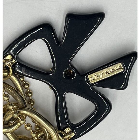 Betsey Johnson Heavy Multistrand Necklace Gold Tone Black White Ribbon Bow Charm - Picture 5 of 14